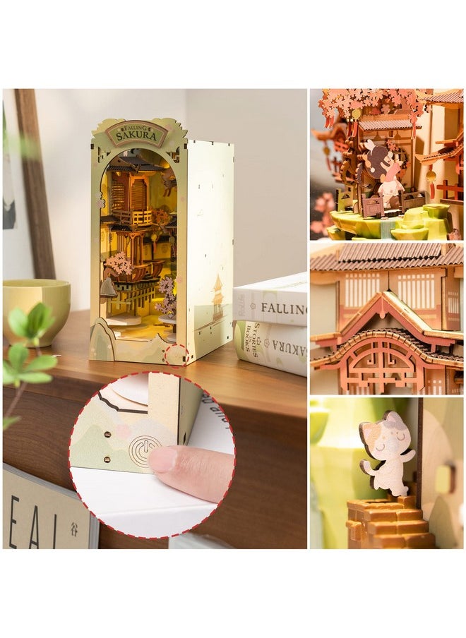 RoWood Book Nook Kits For Adults,3D Wooden Puzzle Bookend,Bookshelf Decor Insert Alley,Diy Miniature Booknook Model Craft Kits For Adults,Gifts With Led On Birthday Christmas(Falling Sakura)  - Image 4