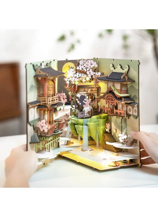 RoWood Book Nook Kits For Adults,3D Wooden Puzzle Bookend,Bookshelf Decor Insert Alley,Diy Miniature Booknook Model Craft Kits For Adults,Gifts With Led On Birthday Christmas(Falling Sakura)  - Image 5