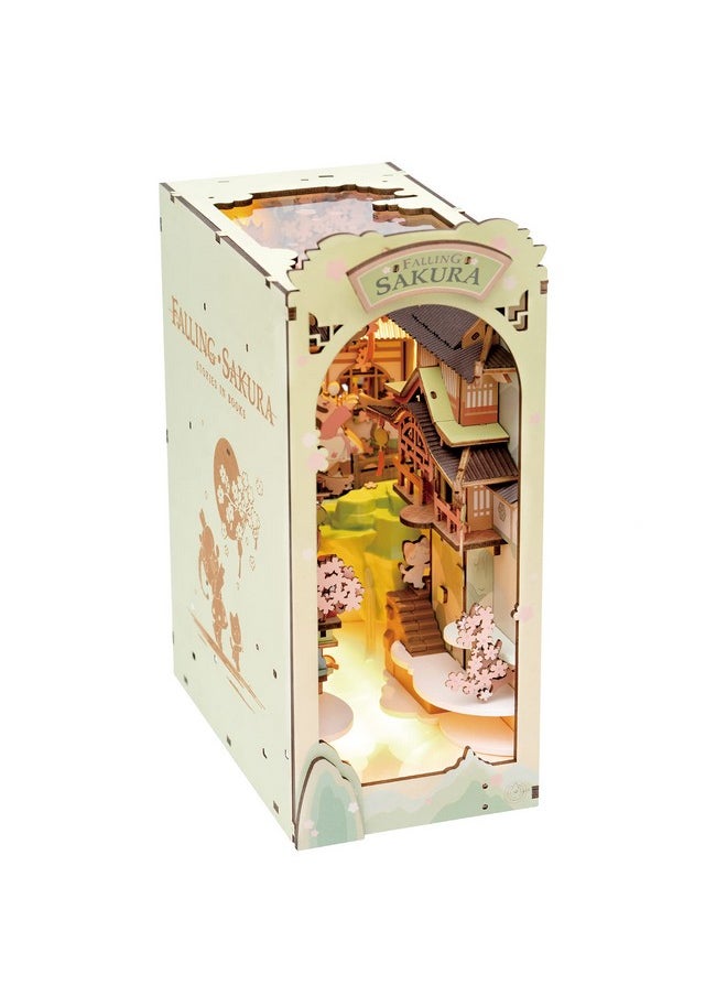 RoWood Book Nook Kits For Adults,3D Wooden Puzzle Bookend,Bookshelf Decor Insert Alley,Diy Miniature Booknook Model Craft Kits For Adults,Gifts With Led On Birthday Christmas(Falling Sakura)  - Image 1