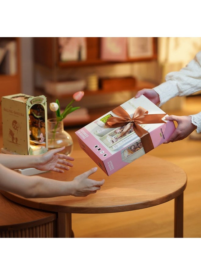 RoWood Book Nook Kits For Adults,3D Wooden Puzzle Bookend,Bookshelf Decor Insert Alley,Diy Miniature Booknook Model Craft Kits For Adults,Gifts With Led On Birthday Christmas(Falling Sakura)  - Image 3