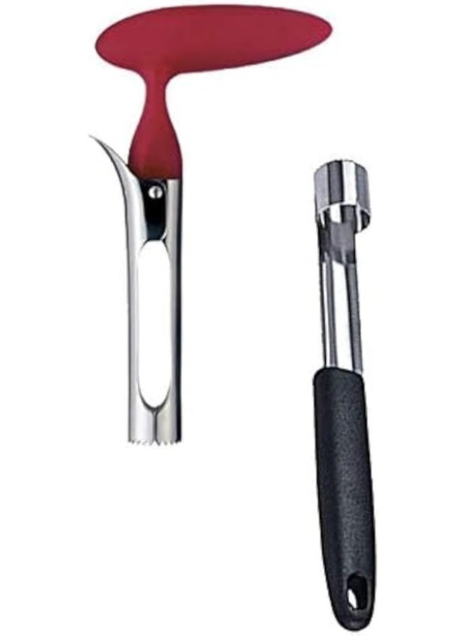 Apple Corer Lever Tool + Pear Pepper Poker Pusher by BRIGHT KITCHEN Stainless Steel Pear Fruit Seed Remover Cherry Red Grip with Serrated Blade - Image 3