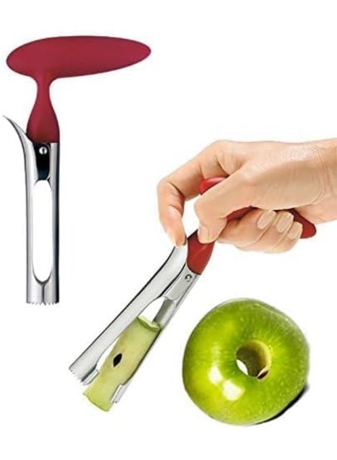 Apple Corer Lever Tool + Pear Pepper Poker Pusher by BRIGHT KITCHEN Stainless Steel Pear Fruit Seed Remover Cherry Red Grip with Serrated Blade - Image 2