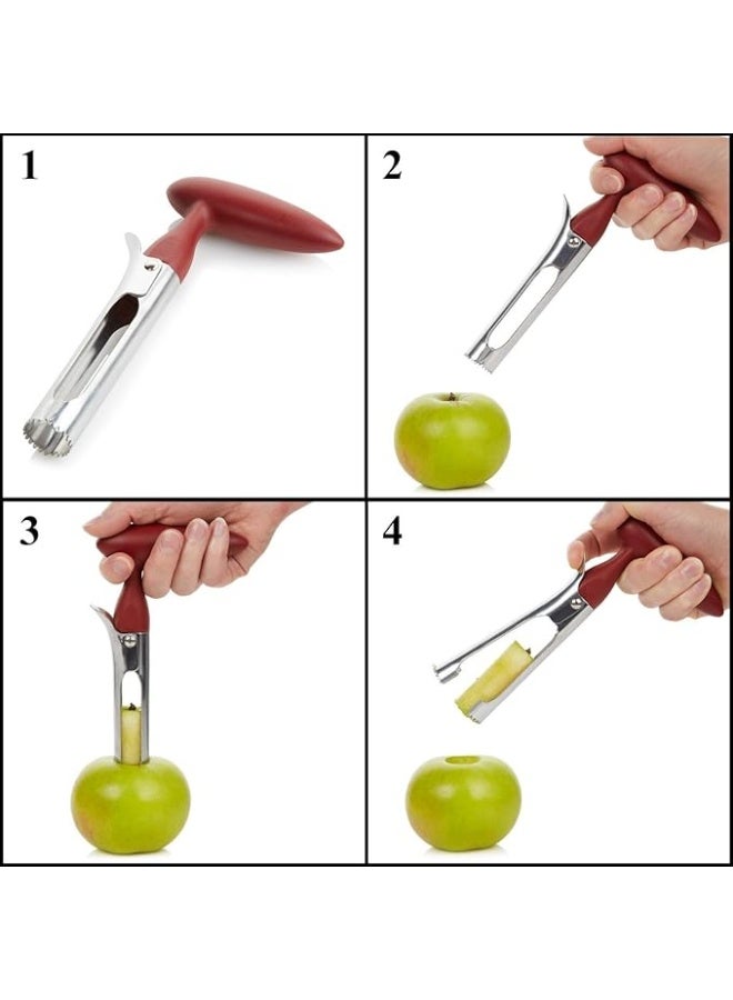 Apple Corer Lever Tool + Pear Pepper Poker Pusher by BRIGHT KITCHEN Stainless Steel Pear Fruit Seed Remover Cherry Red Grip with Serrated Blade - Image 4