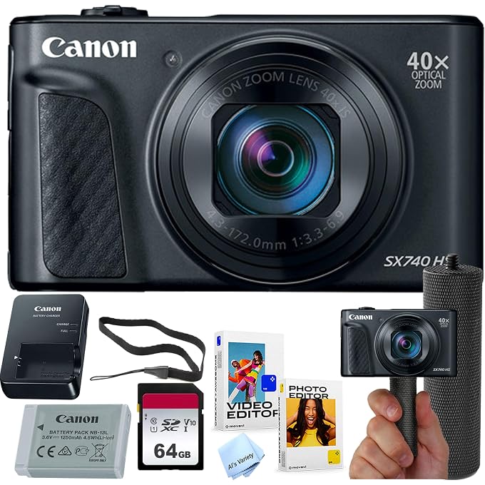 Canon Powershot SX740 HS Digital Camera (Black) + 64GB Memory + Stabilizing Grip + Software Pack +More (Value Bundle) (Renewed) - Image 1