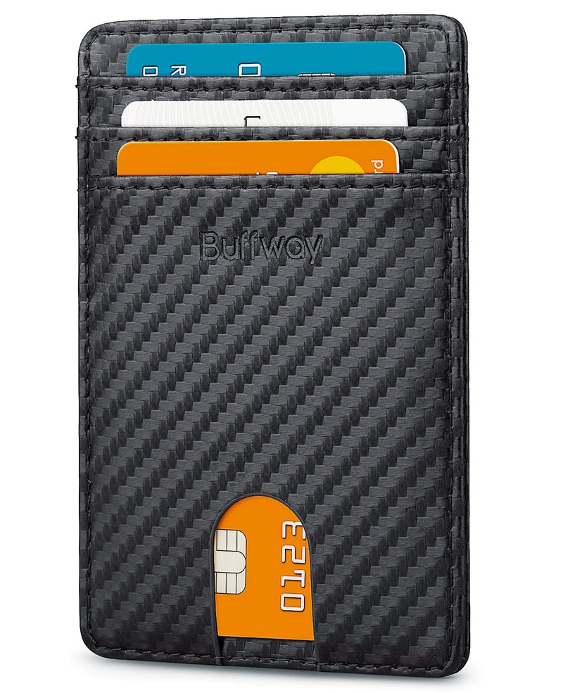 Buffway Mens Slim Wallet, Minimalist Thin Front Pocket Leather Credit Card Holder with RFID Blocking for Work Travel - Atlanta Black - Image 1