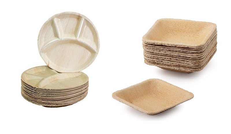BLISS START Biodegradable Wooden PlatesDisposable Leaf 4 Compartment Round Dish for FoodDinnerware for PartyEvents Beige 50 Plate with 100 Bowl Free - Image 1