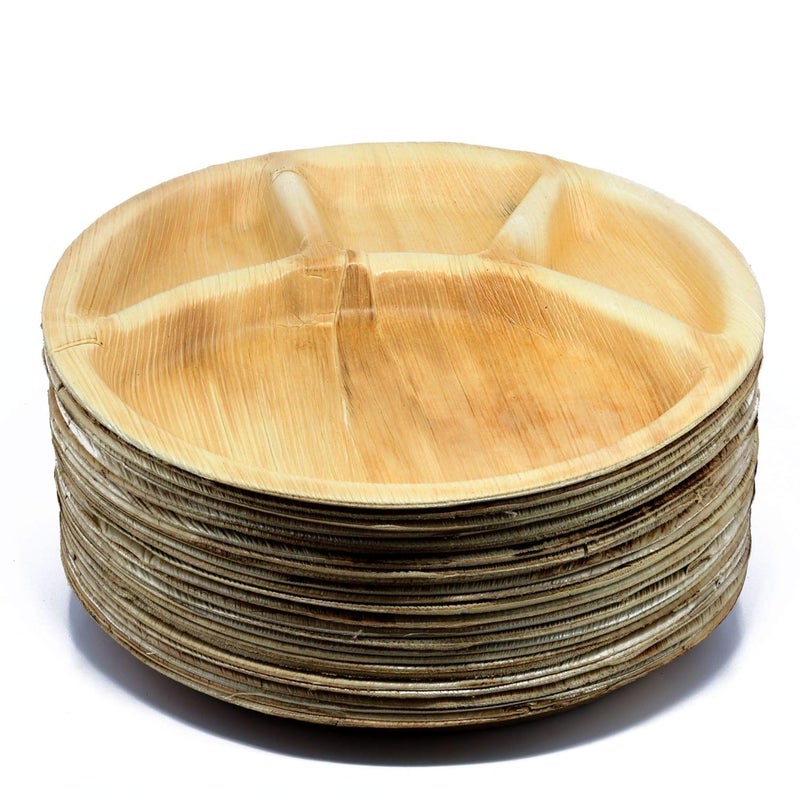 BLISS START Biodegradable Wooden PlatesDisposable Leaf 4 Compartment Round Dish for FoodDinnerware for PartyEvents Beige 50 Plate with 100 Bowl Free - Image 2