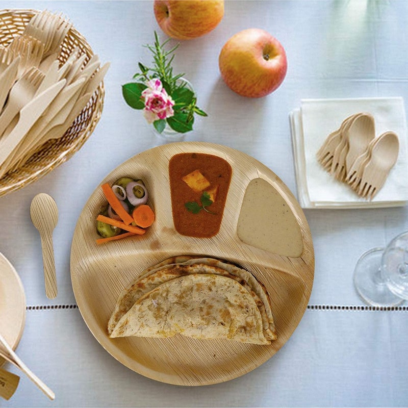 BLISS START Biodegradable Wooden PlatesDisposable Leaf 4 Compartment Round Dish for FoodDinnerware for PartyEvents Beige 50 Plate with 100 Bowl Free - Image 5