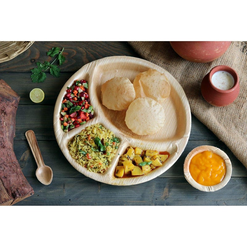 BLISS START Biodegradable Wooden PlatesDisposable Leaf 4 Compartment Round Dish for FoodDinnerware for PartyEvents Beige 50 Plate with 100 Bowl Free - Image 4