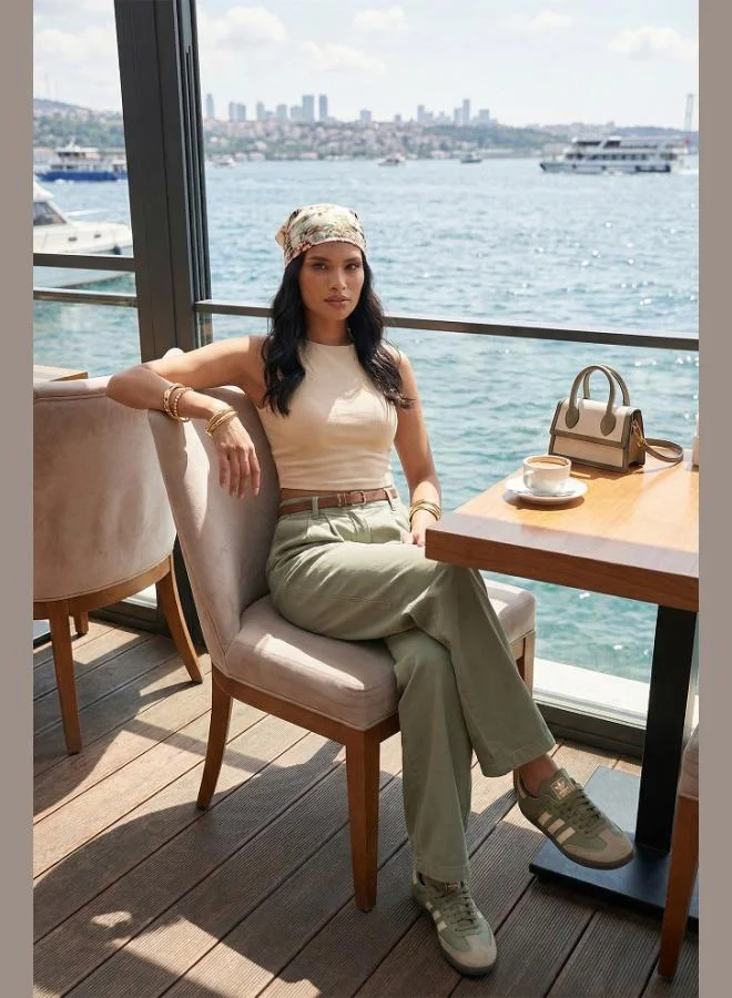 ليلا Lela Cotton Wide Leg High Waist Wide Leg Belted Trousers Women's Pants 668YP5429