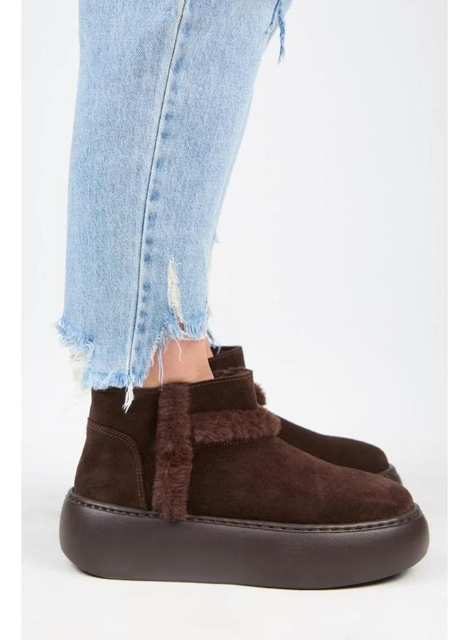 (Azura Mini) Women's Genuine Leather Boots with Fur Lining and Fur Striped in Brown.