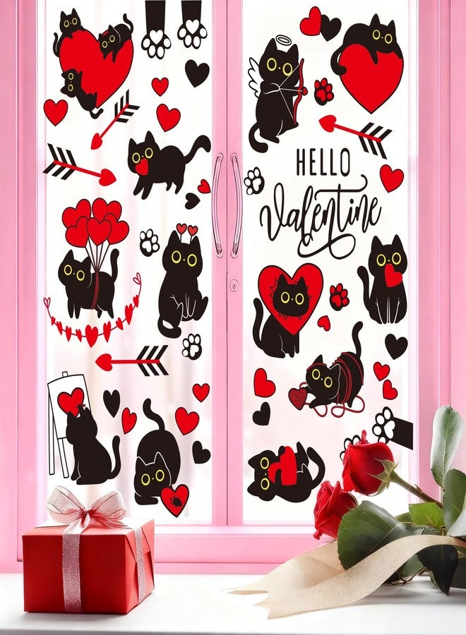 Whaline Valentine Window Clings Window Stickers Double-Sided Black Cat Red Heart Large Glass Decals for Wedding Anniversary Party Decoration, 7 Sheets - Image 1