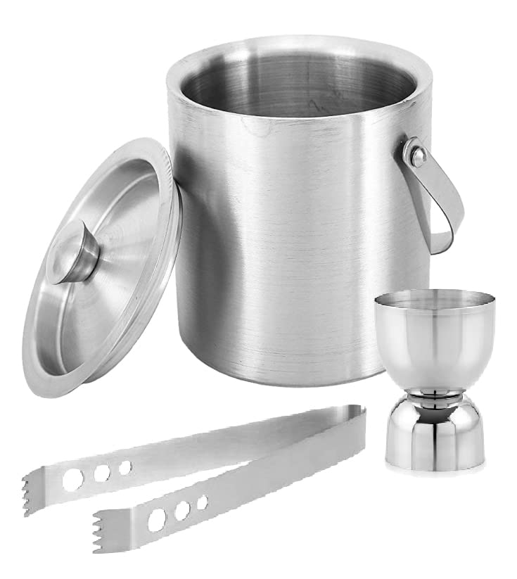 finality Double Walled Stainless Steel Ice Bucket with Lid and Ice Tong and 3060 peg Measure 1 Liter Keeps Ice Cold for 6 h Great Bar Tools for Home bar Accessories Mini bar Wine - Image 1