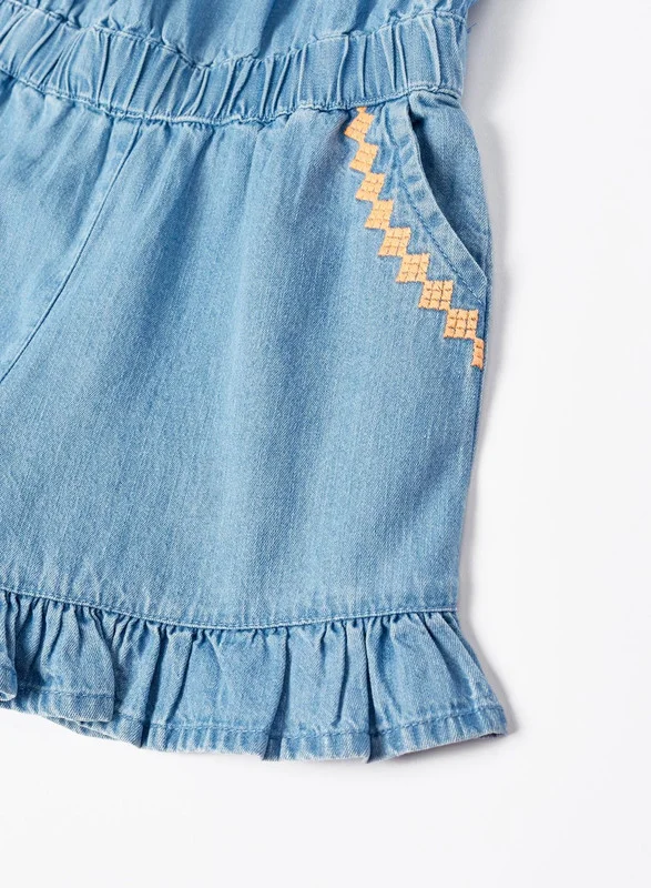 Zippy Cotton Denim Jumpsuit with Embroidery for Girls, Blue