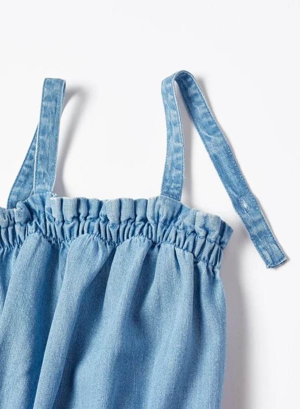 Zippy Cotton Denim Jumpsuit with Embroidery for Girls, Blue