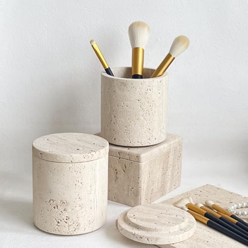 StonePlus Natural Marble Stone Travertine Jar Container Storage Box Cup with Lid (Beige Travertine) - Image 4