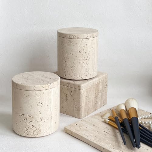 StonePlus Natural Marble Stone Travertine Jar Container Storage Box Cup with Lid (Beige Travertine) - Image 3