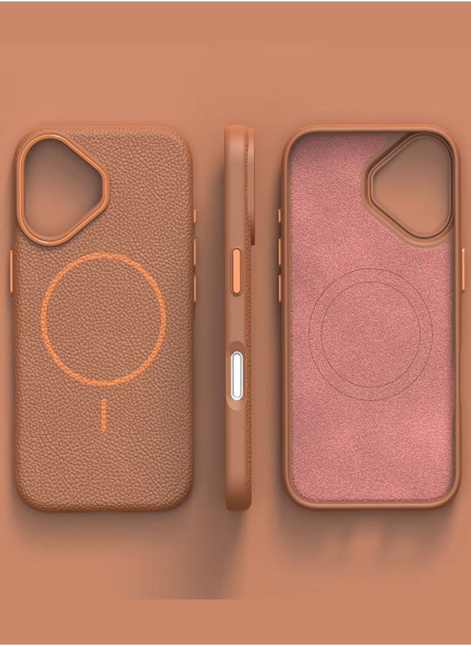 جراب هاتف أيفون ماج سيف لهاتف iPhone 16  جراب جلد بإطار مطاطي عالي الجودة وجراب جلدي رفيع بنمط الليتشي مع حماية عدسة الكاميرا وغطاء مقاوم للصدمات ويدعم الشحن اللاسلكي وغطاء جلدي لهاتف iPhone 16 - بني