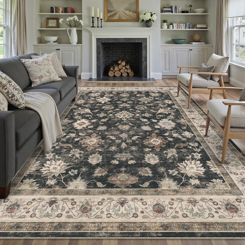 HUGEAR Area Rug 8x10 Vintage Black Machine Washable Living Room Rugs Distressed Retro Floral Vacuumable Low Pile Carpet Bedroom Office Dining Farmhouse Playroom Non Slip - Image 1