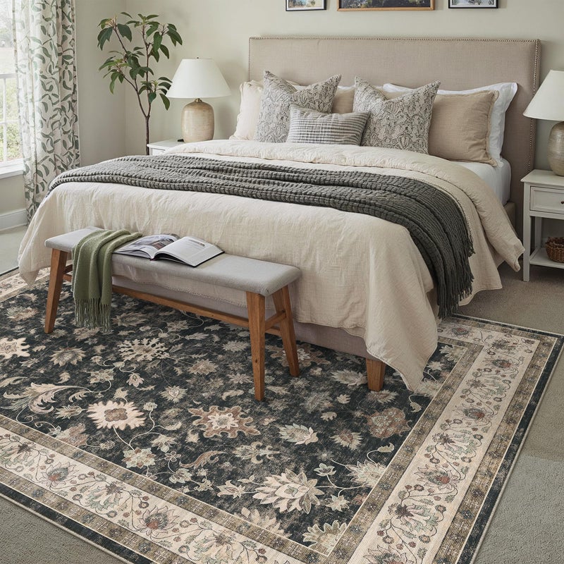 HUGEAR Area Rug 8x10 Vintage Black Machine Washable Living Room Rugs Distressed Retro Floral Vacuumable Low Pile Carpet Bedroom Office Dining Farmhouse Playroom Non Slip - Image 4