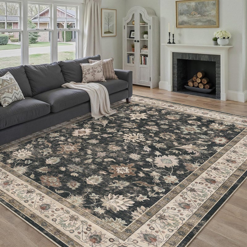 HUGEAR Area Rug 8x10 Vintage Black Machine Washable Living Room Rugs Distressed Retro Floral Vacuumable Low Pile Carpet Bedroom Office Dining Farmhouse Playroom Non Slip - Image 3