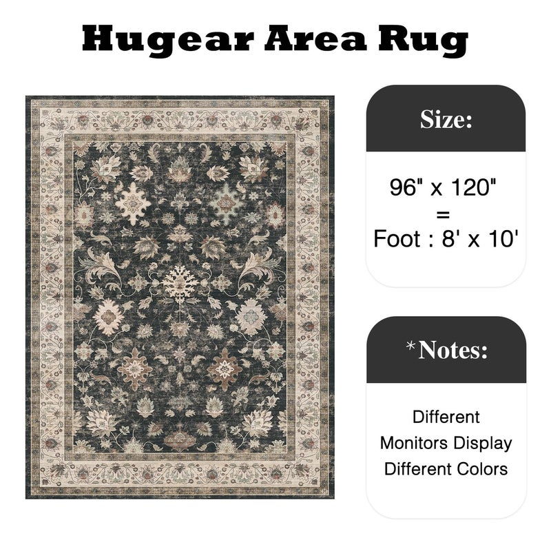 HUGEAR Area Rug 8x10 Vintage Black Machine Washable Living Room Rugs Distressed Retro Floral Vacuumable Low Pile Carpet Bedroom Office Dining Farmhouse Playroom Non Slip - Image 2