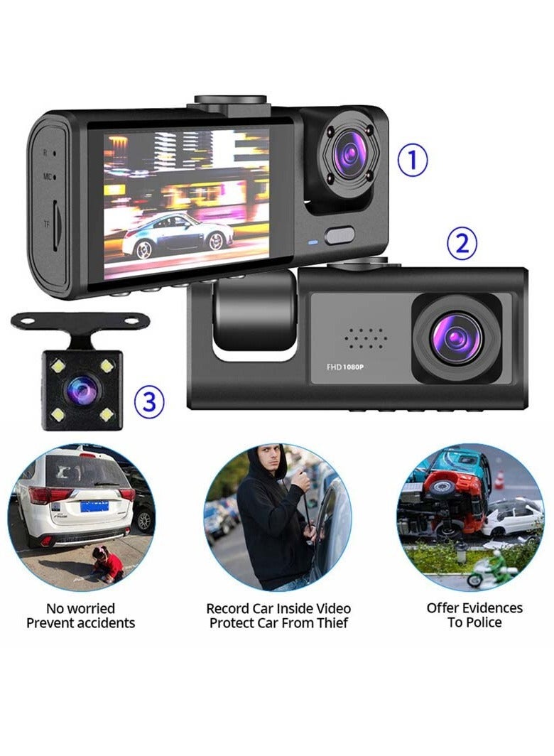 AROAQ 3 Channel Dash Cam, Dashcam Three Way Triple Car Camera with IR Night Vision,  Loop Recording & 2" IPS Screen 1080P Dash Cam Front and Rear Inside, (3 camera with 32G) - Image 3