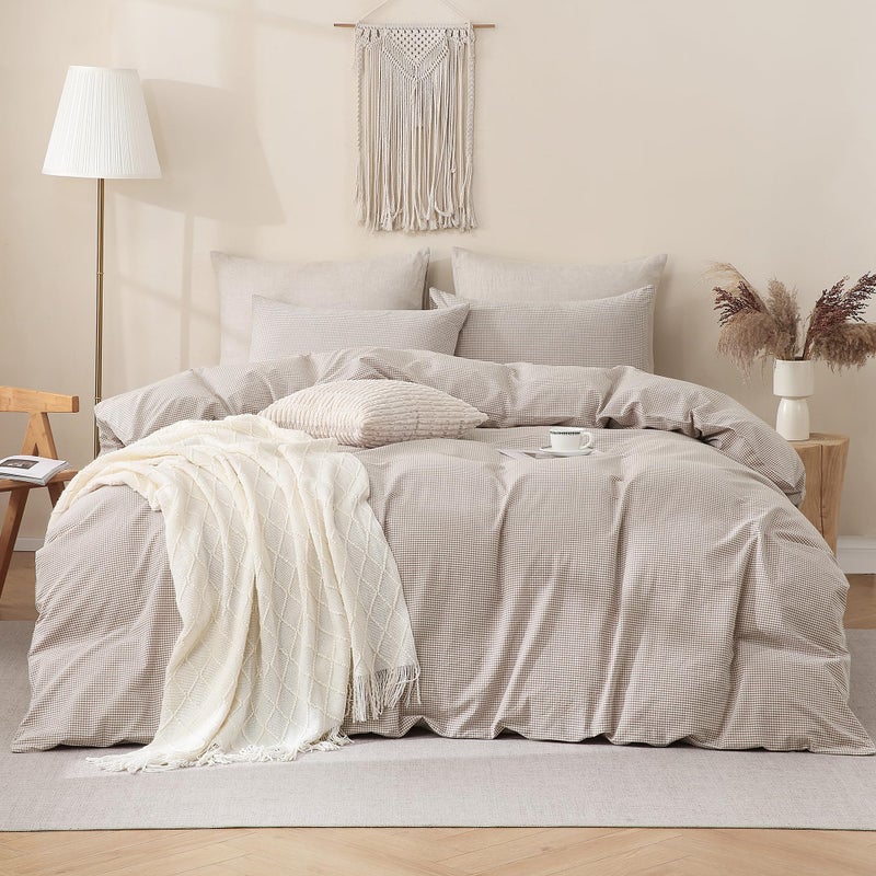 TOCOMOA Mini Gingham Tan Duvet Cover Bedding Set 100% Washed Cotton Like Linen Feel Super Soft Comfy 3 Piece Brown Small Plaid Checkered Comforter Cover Set (Queen 90"x90", Comforter Not Included) - Image 3