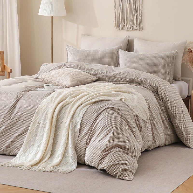 TOCOMOA Mini Gingham Tan Duvet Cover Bedding Set 100% Washed Cotton Like Linen Feel Super Soft Comfy 3 Piece Brown Small Plaid Checkered Comforter Cover Set (Queen 90"x90", Comforter Not Included) - Image 2