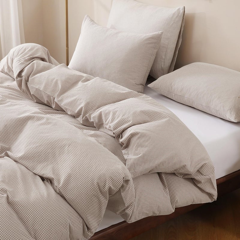 TOCOMOA Mini Gingham Tan Duvet Cover Bedding Set 100% Washed Cotton Like Linen Feel Super Soft Comfy 3 Piece Brown Small Plaid Checkered Comforter Cover Set (Queen 90"x90", Comforter Not Included) - Image 1
