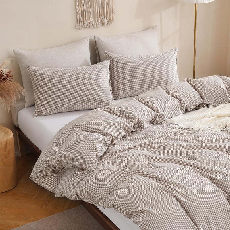 TOCOMOA Mini Gingham Tan Duvet Cover Bedding Set 100% Washed Cotton Like Linen Feel Super Soft Comfy 3 Piece Brown Small Plaid Checkered Comforter Cover Set (Queen 90"x90", Comforter Not Included) - Image 4