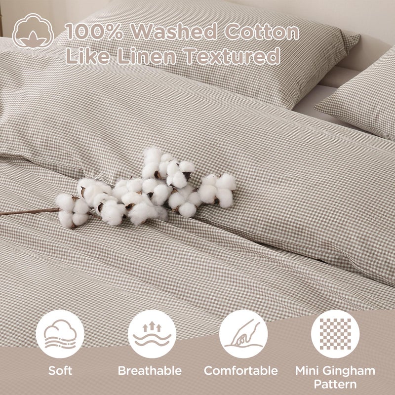 TOCOMOA Mini Gingham Tan Duvet Cover Bedding Set 100% Washed Cotton Like Linen Feel Super Soft Comfy 3 Piece Brown Small Plaid Checkered Comforter Cover Set (Queen 90"x90", Comforter Not Included) - Image 5