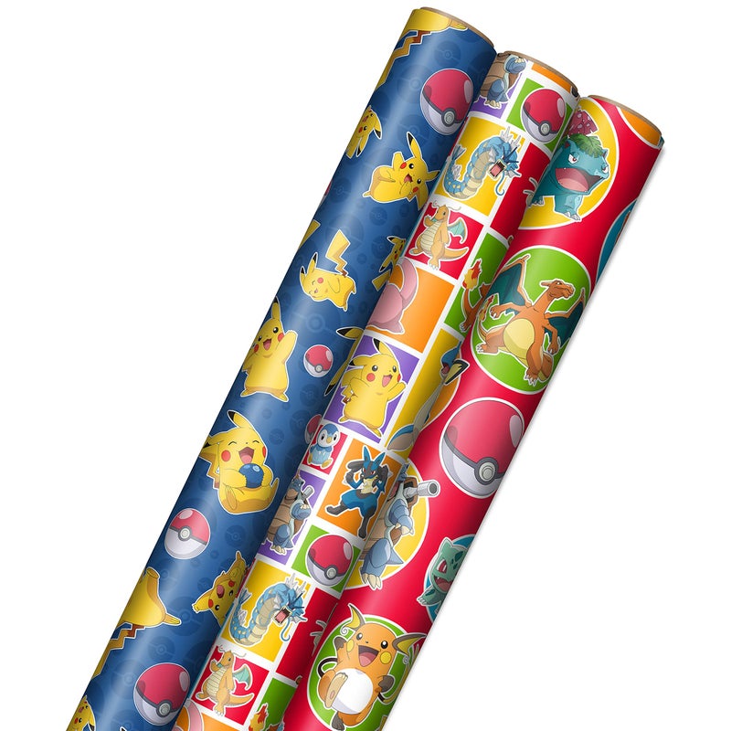 Hallmark Pokmon Wrapping Paper Rolls  Pikachu Charmander Bulbasaur Gift Wrap Paper Set of 3 Rolls 60 sq ft ttl for Birthday Kids Parties Gamers Christmas Presents