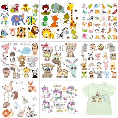 Lockban Cute Animal Iron on Stickers Patches 8 Sheets Butterfly Lion Unicorn Cartoon Animal Heat Transfer Stickers Decals DIY Kids Baby Boys Girls Clothes Jeans T-Shirt Hat Bag Decoration Applique - Image 1