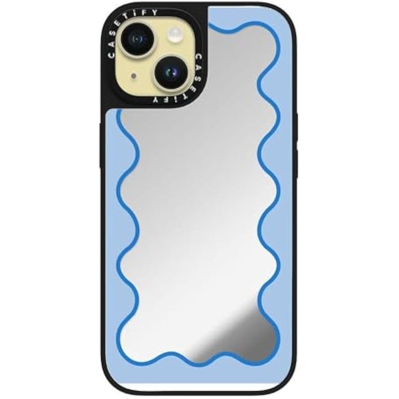 Casetify Mirror iPhone 15 Case 【Reflective / 4.9ft Drop Protection/Compatible with Magsafe】 - Blue Wavy Border - Silver on Black - Image 2