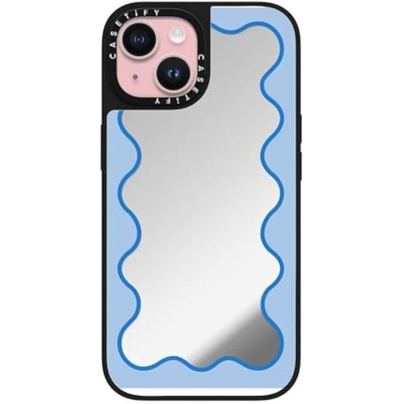 Casetify Mirror iPhone 15 Case 【Reflective / 4.9ft Drop Protection/Compatible with Magsafe】 - Blue Wavy Border - Silver on Black - Image 1