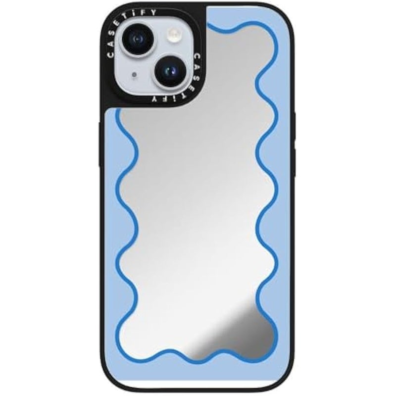 Casetify Mirror iPhone 15 Case 【Reflective / 4.9ft Drop Protection/Compatible with Magsafe】 - Blue Wavy Border - Silver on Black - Image 4