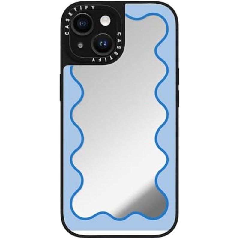 Casetify Mirror iPhone 15 Case 【Reflective / 4.9ft Drop Protection/Compatible with Magsafe】 - Blue Wavy Border - Silver on Black - Image 5