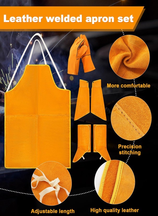 Jecery 5 Pcs Welding Flame Resistant 5 in 1 Set Include Cowhide Leather Welding Apron gloves sleeves spats Boot Covers and Hood with Light Lens and Neck Shoulder Protection, Yellow, 25.2 x 35.83 - Image 4