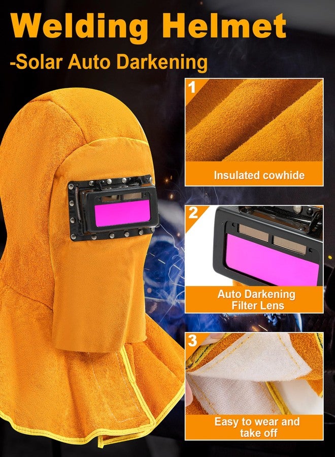 Jecery 5 Pcs Welding Flame Resistant 5 in 1 Set Include Cowhide Leather Welding Apron gloves sleeves spats Boot Covers and Hood with Light Lens and Neck Shoulder Protection, Yellow, 25.2 x 35.83 - Image 3
