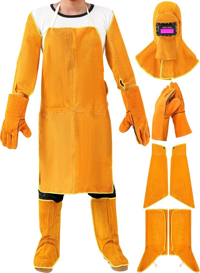 Jecery 5 Pcs Welding Flame Resistant 5 in 1 Set Include Cowhide Leather Welding Apron gloves sleeves spats Boot Covers and Hood with Light Lens and Neck Shoulder Protection, Yellow, 25.2 x 35.83 - Image 1