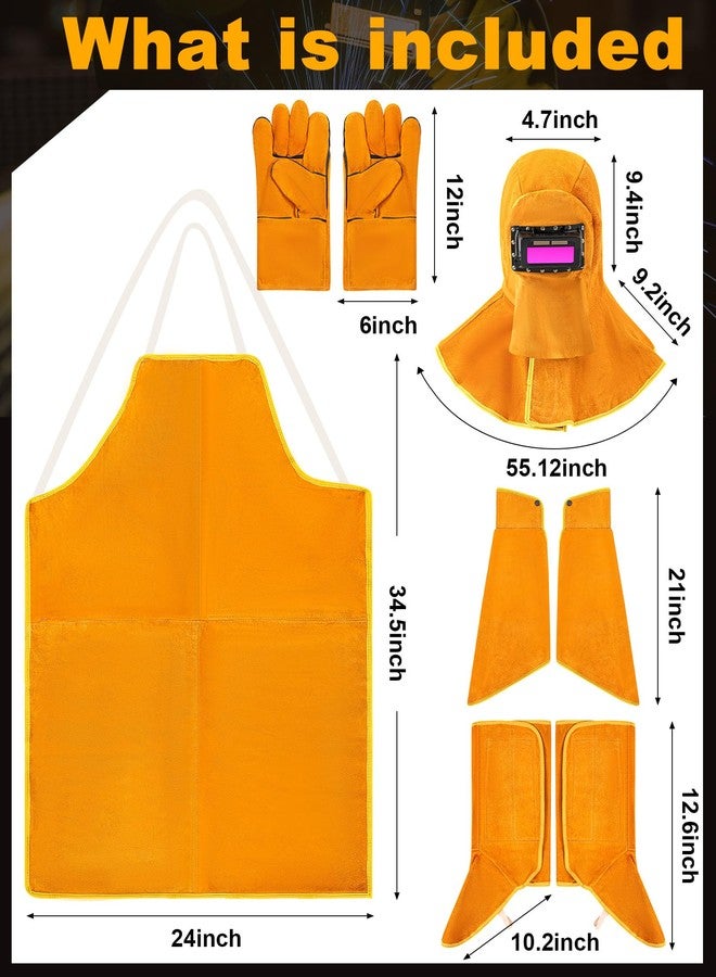 Jecery 5 Pcs Welding Flame Resistant 5 in 1 Set Include Cowhide Leather Welding Apron gloves sleeves spats Boot Covers and Hood with Light Lens and Neck Shoulder Protection, Yellow, 25.2 x 35.83 - Image 2