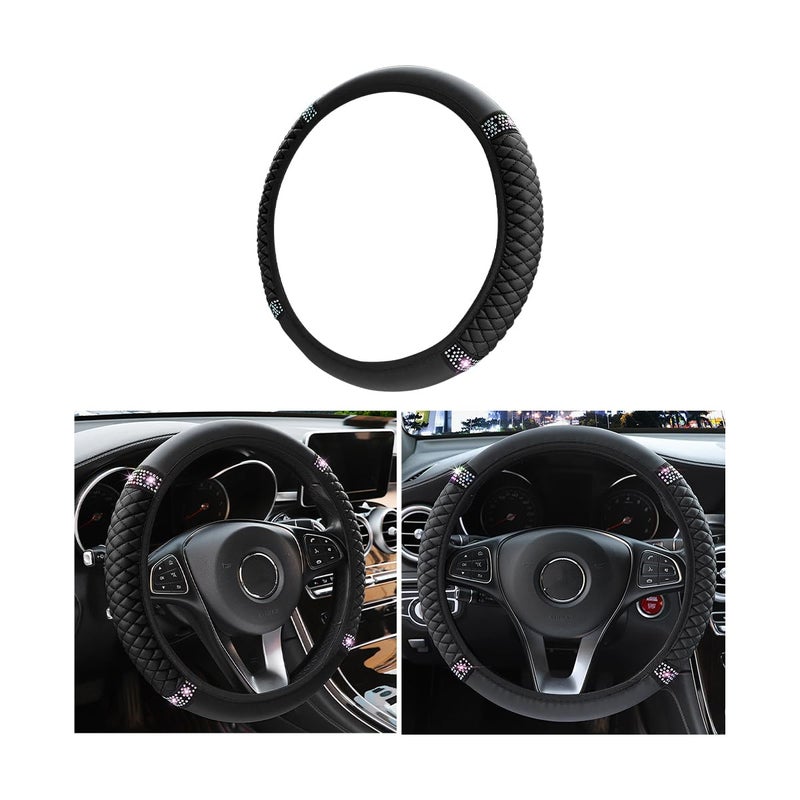 Bling Soft Leather Steering Wheel Cover Protector 15 Inch Colorful Rhinestones Auto Elastic Sparkly Crystal Diamond for Women Girls Car Interior Accessories for Most Cars Black
