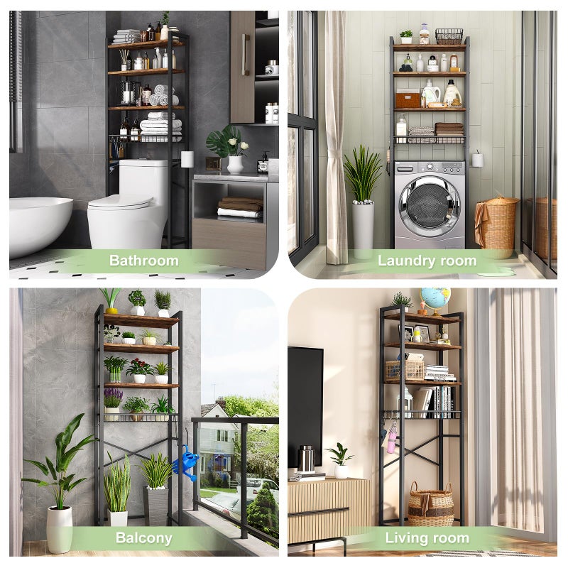 Kalrin Over-The-Toilet Storage Rack, 4-Tier Bathroom Organizer Shelf Over Toilet with Adjustable Shelf and Basket, Freestanding Space Saver Bathroom Shelves Above Toilet for Room (Vintage Brown) - Image 2