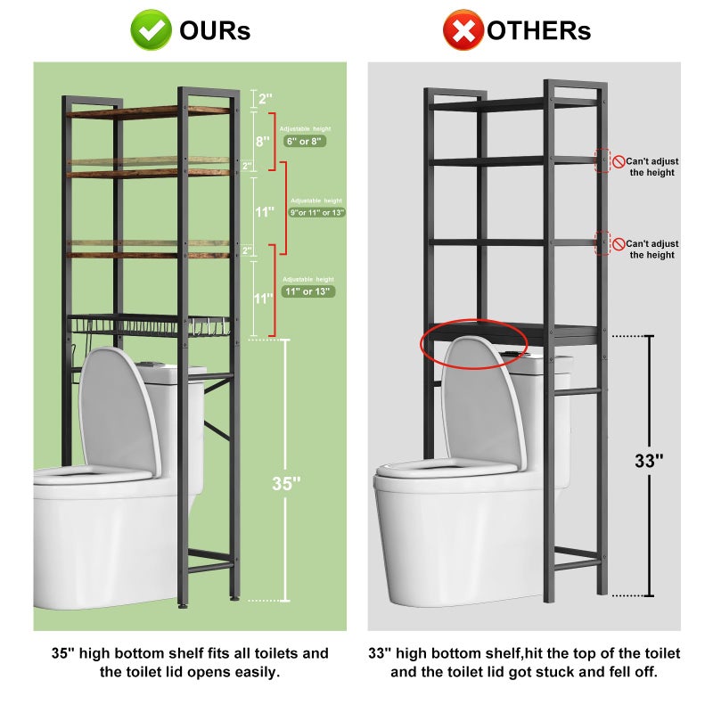 Kalrin Over-The-Toilet Storage Rack, 4-Tier Bathroom Organizer Shelf Over Toilet with Adjustable Shelf and Basket, Freestanding Space Saver Bathroom Shelves Above Toilet for Room (Vintage Brown) - Image 4