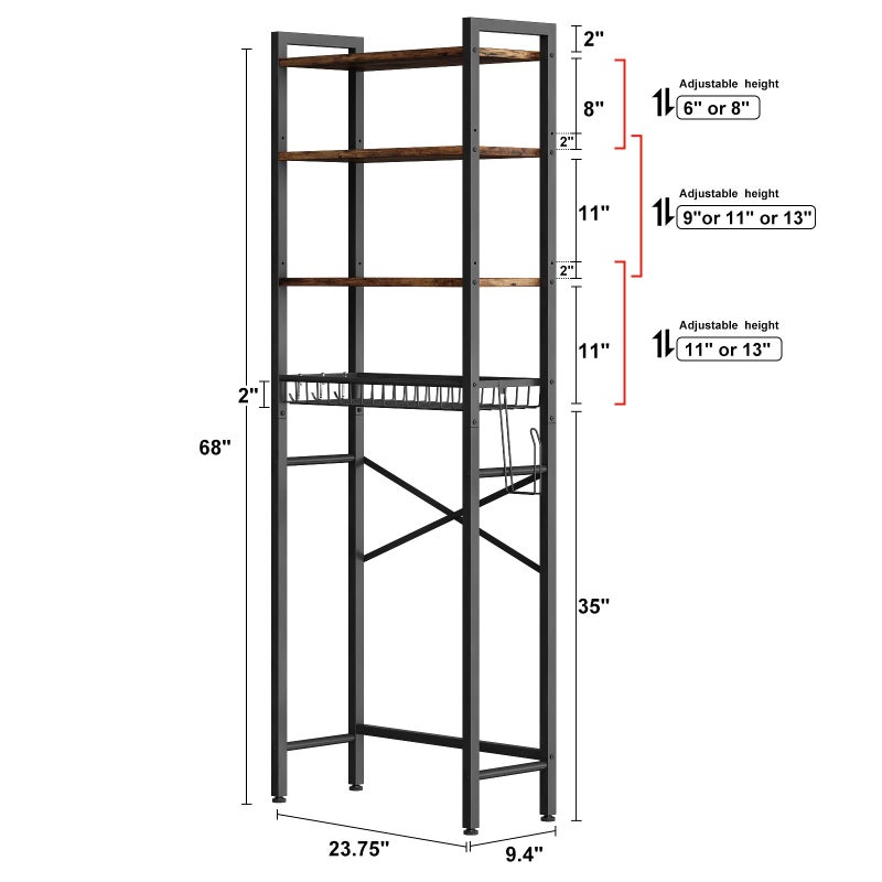Kalrin Over-The-Toilet Storage Rack, 4-Tier Bathroom Organizer Shelf Over Toilet with Adjustable Shelf and Basket, Freestanding Space Saver Bathroom Shelves Above Toilet for Room (Vintage Brown) - Image 5