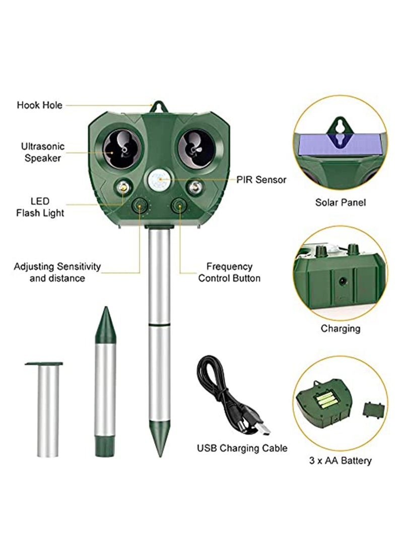 Ultrasonic Animal Repellent Solar Powered Waterproof with Motion Sensor Flashing Light USB Charge Effectively Repels Dog Cat Deer Rabbit Squirrel Bird Farm Garden Yard