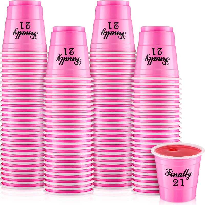 Domensi Domensi 100 Pcs Finally 21 Shot Glass Disposable 2 oz Plastic Cups 21st Birthday Party Supplies Twenty One Birthday Cups Decorations for Men and Women 21st Birthday Anniversary (Pink Finally 21) - Image 1
