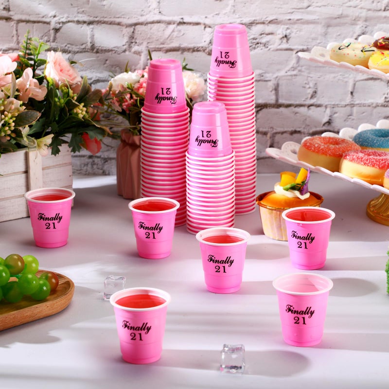 Domensi Domensi 100 Pcs Finally 21 Shot Glass Disposable 2 oz Plastic Cups 21st Birthday Party Supplies Twenty One Birthday Cups Decorations for Men and Women 21st Birthday Anniversary (Pink Finally 21) - Image 4