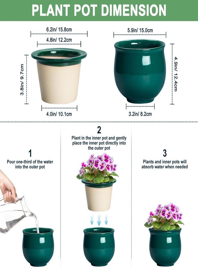 Teagas 6 Inch Self Watering Plant Pots, Ceramic African Violet Pot with Absorbent Inner Pot, Easy Self Watering Pots for Indoor Plants, Ceramic Planter, Room Decor, Plant Lover Gifts, Blackish Green - Image 2